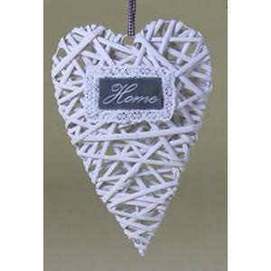 Cuore home intrecciato in vimini bianco con nastro - 20 cm