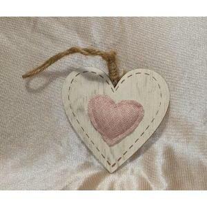 Cuore in legno con applicazione in stoffa rosa - 10,5 cm