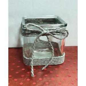 Vaso in vetro trasparente con cordoncino grigio e cuori in legno bianco - 12 x 12 x 12 cm