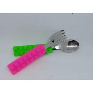 Set posate in acciaio a forma di costruzioni rosa e verde fluo