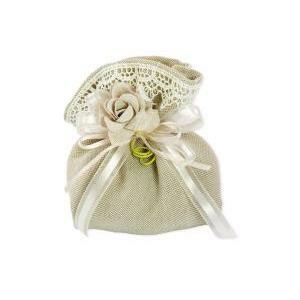 Sacchetto piccolo shabby beige con macrame - 13 x 13 cm