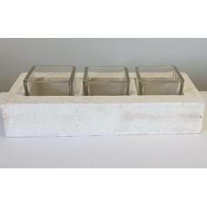 Vassoio rettangolare in legno bianco con 3 porta tea light in vetro quadrati - 22 x 9 x 6 cm