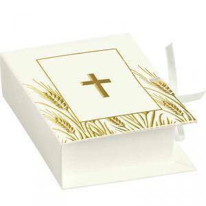 Libro porta confetti bianco con croce oro 70x60x25 mm - 4 pz