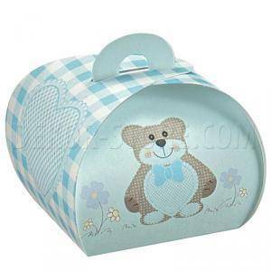 Tortina in cartoncino azzurro con teddy bear 55x55x50 mm - 10 pz