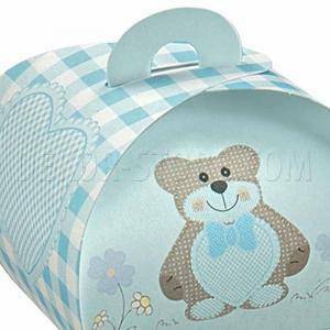 Tortina in cartoncino azzurro con teddy bear 55x55x50 mm - 10 pz