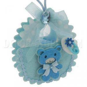 Bavetta porta confetti con orsetto in feltro azzurro - 8,5 x 10,5 cm