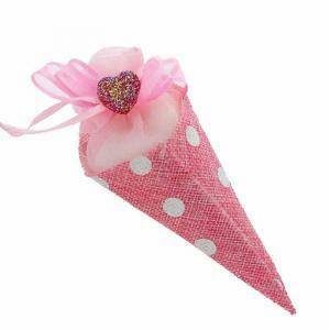 Cono rosa in juta a pois e organza con tirante - 6.5 x 15 cm