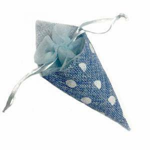 Cono azzurro in juta a pois e organza con tirante - 6.5 x 15 cm