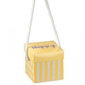 Scatola fondo e coperchio happy giallo/lilla con cordini 60x60x60 mm - 5 pz