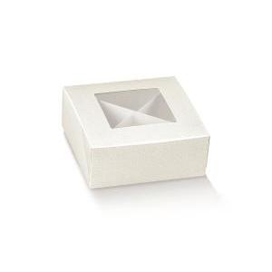 Scatolina porta confetti pratica con finestra e divisorio seta bianco 100x100x40 mm - 5 pz