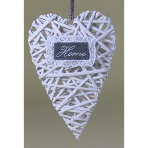 Cuore home intrecciato in vimini bianco con nastro - 30 cm