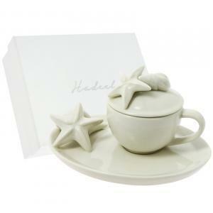 Tazzina mare con piattino 14 x 8 cm in porcellana, con stelle marine e conchiglie