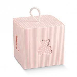 Cubo con cordino millerighe rosa con finestra a orsetto 100x100x100 mm - 4 pz