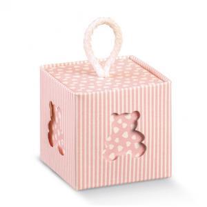 Cubo con cordino millerighe rosa con finestra a orsetto 50x50x50 mm - 5 pz