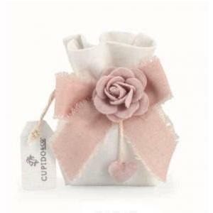 Sacchetto cupido con applicazione rosa - 10 x 11 x 6 cm - panna